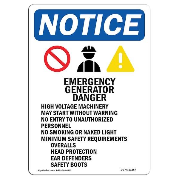 Safety Sign, OSHA Notice, 5" Height, Emergency Generator Sign With Symbol, Portrait, 10PK